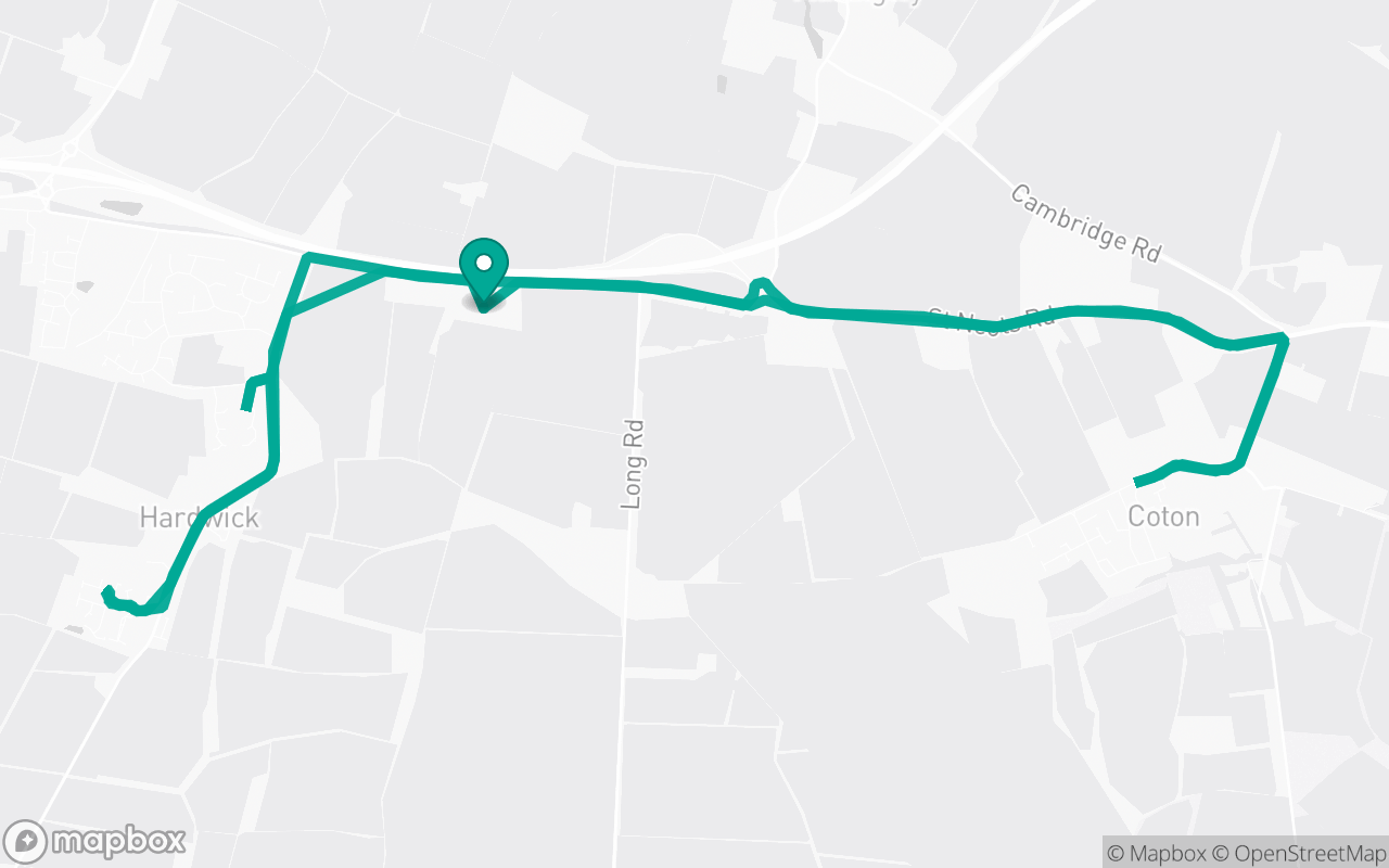 Map of the Cambridge (Hardwick) · Residential practice loop practice route near Cambridge (Hardwick) test centre, drawn on real streets