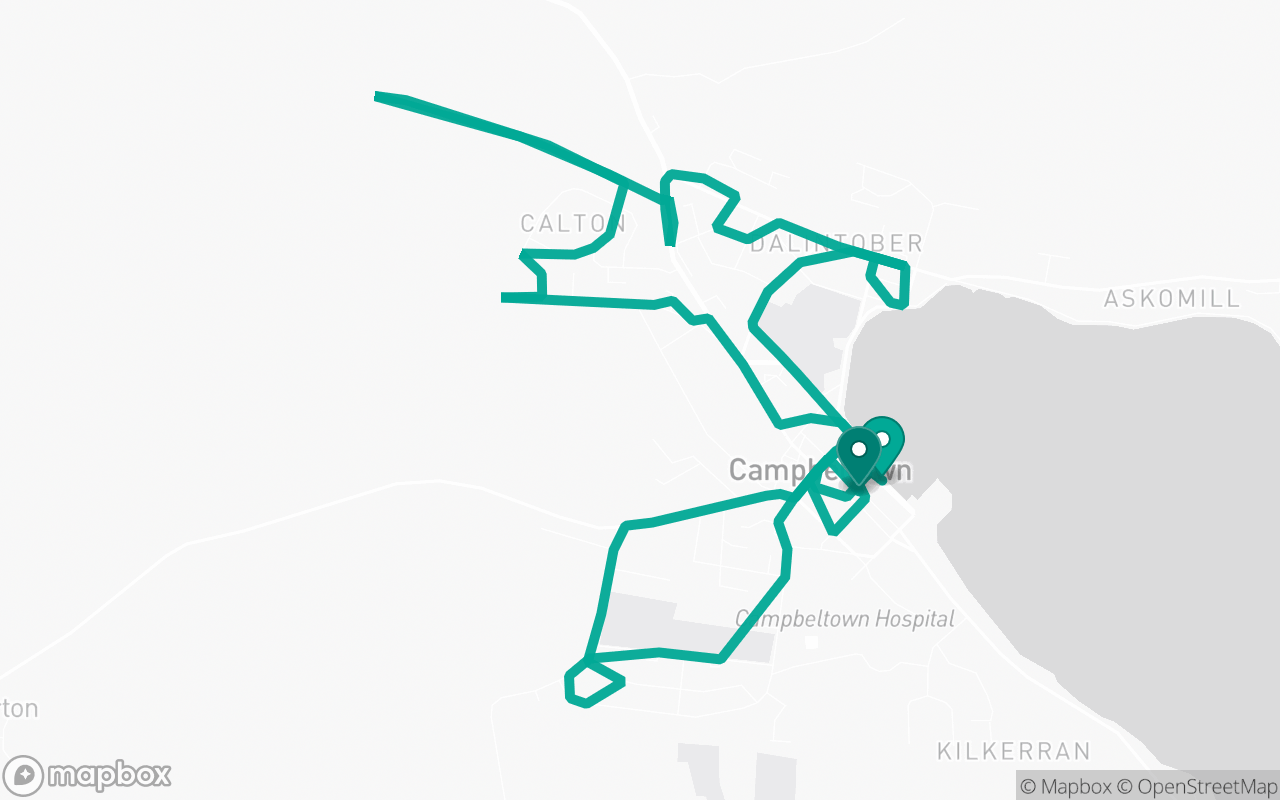 Map of the Campbeltown · Route 1 practice route near Campbeltown test centre, drawn on real streets