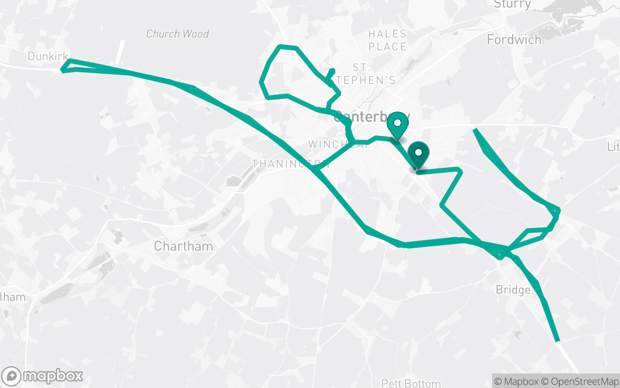 Map of the Canterbury · Route 8 practice route near Canterbury test centre, drawn on real streets