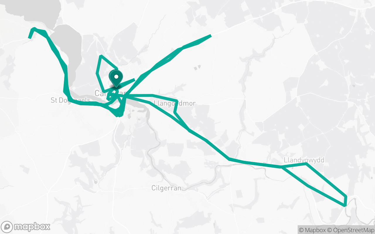 Map of the Cardigan · Route 8 practice route near Cardigan test centre, drawn on real streets