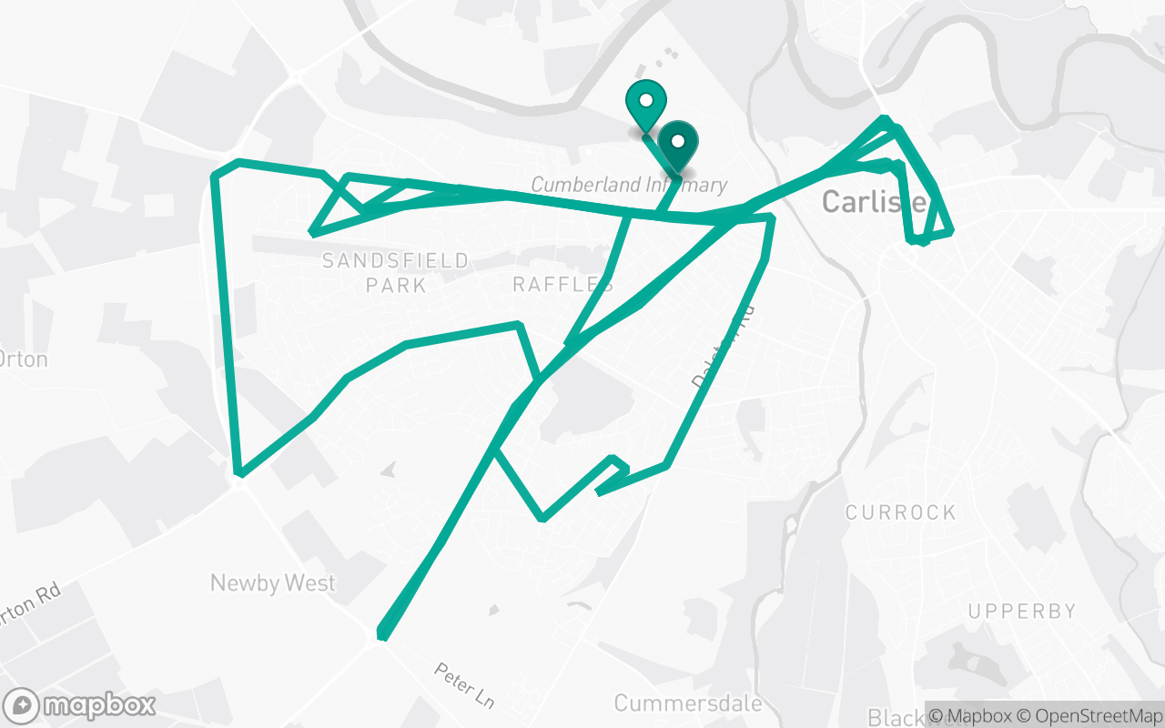 Map of the Carlisle · Route 8 practice route near Carlisle test centre, drawn on real streets