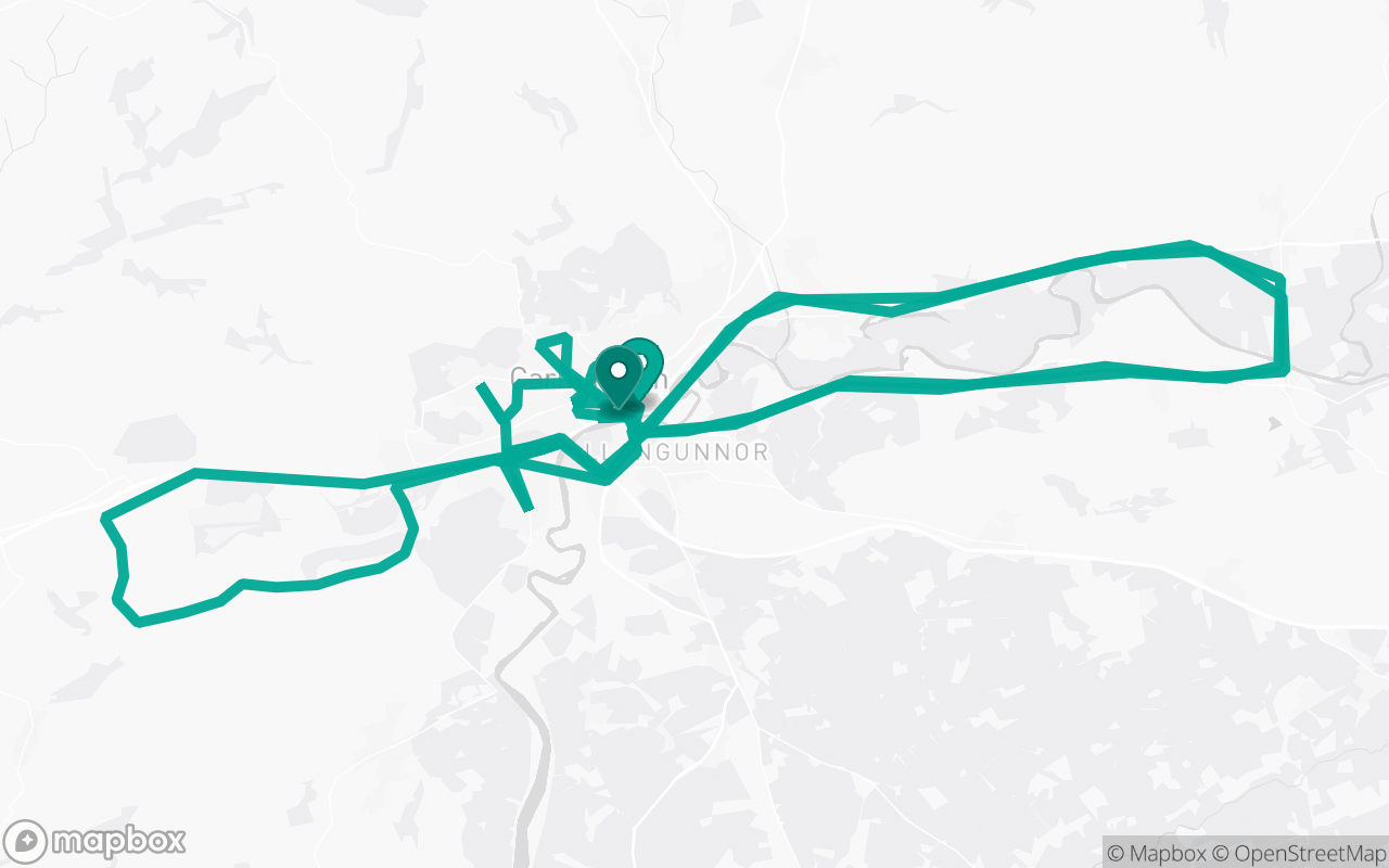 Map of the Carmarthen · Route 11 practice route near Carmarthen test centre, drawn on real streets
