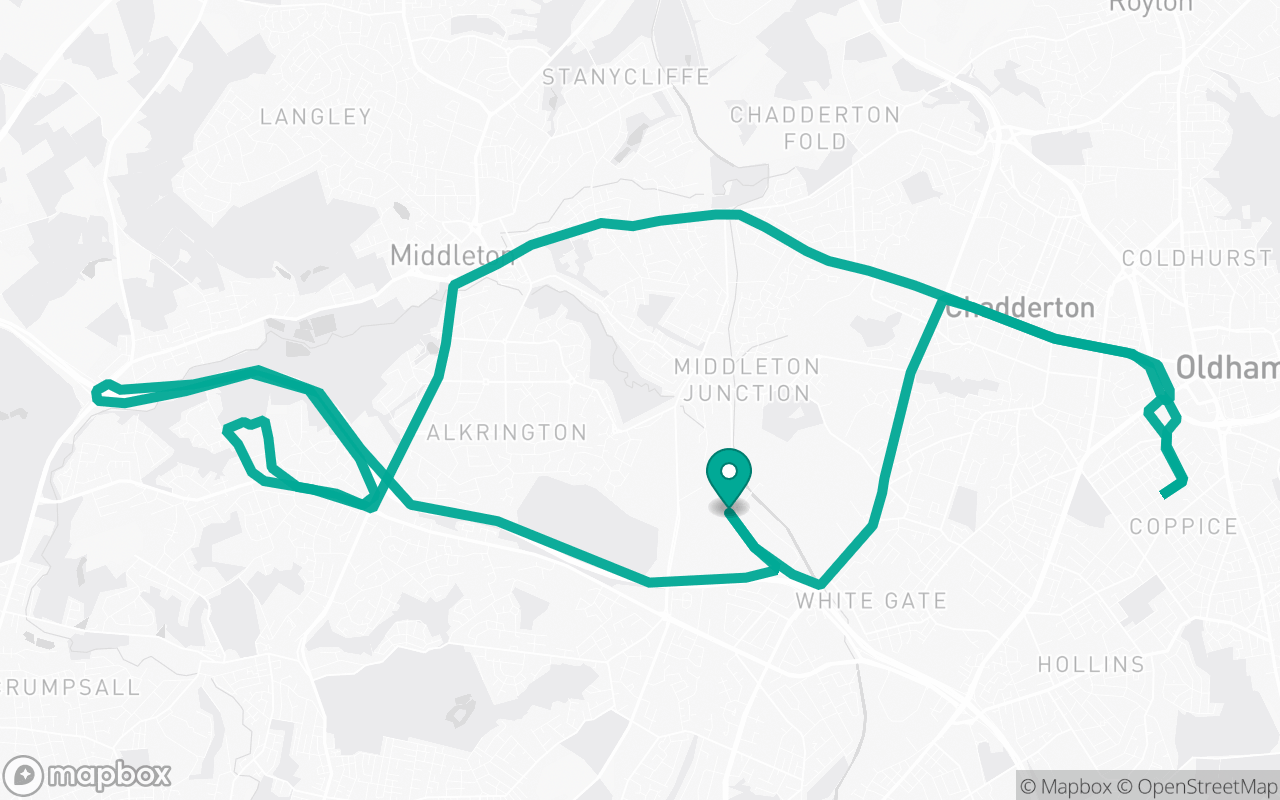 Map of the Chadderton · School-zone practice loop practice route near Chadderton test centre, drawn on real streets