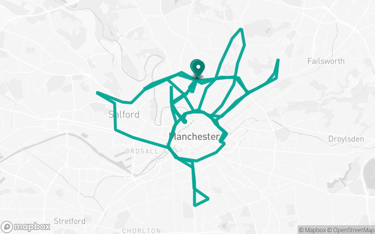 Map of the Cheetham Hill · Route 14 practice route near Cheetham Hill test centre, drawn on real streets