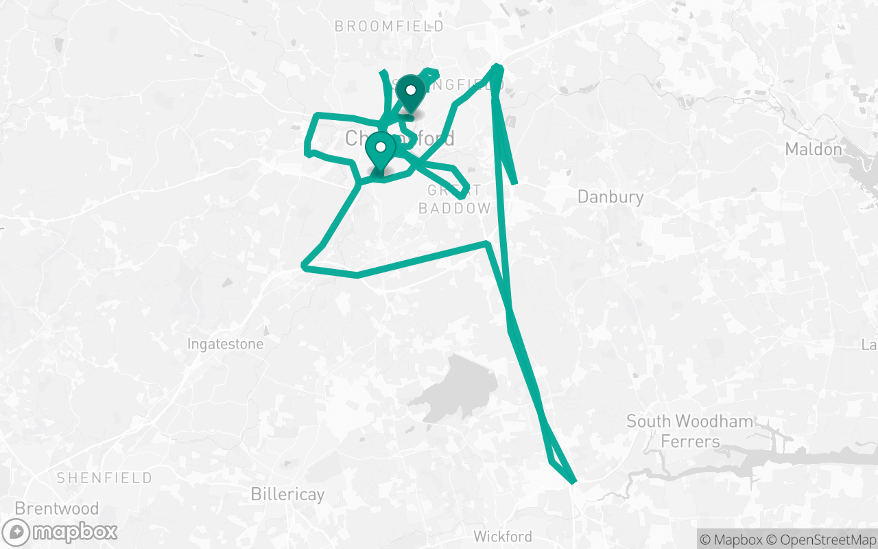 Map of the Chelmsford · Route 7 practice route near Chelmsford test centre, drawn on real streets