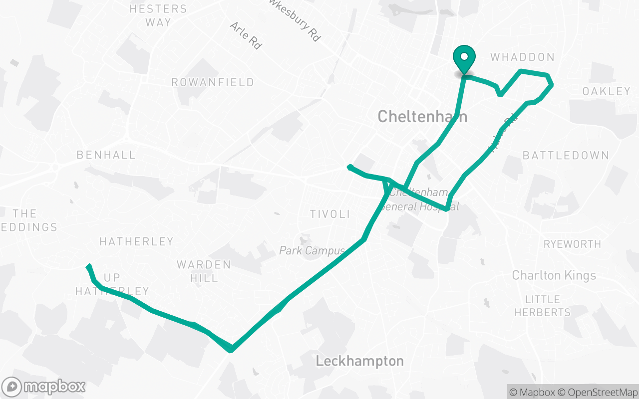 Map of the Cheltenham · Roundabout practice loop practice route near Cheltenham test centre, drawn on real streets