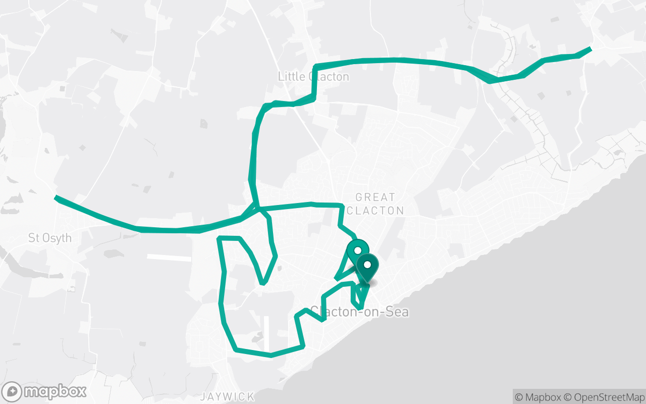 Map of the Clacton-on-Sea · Route 4 practice route near Clacton-on-Sea test centre, drawn on real streets