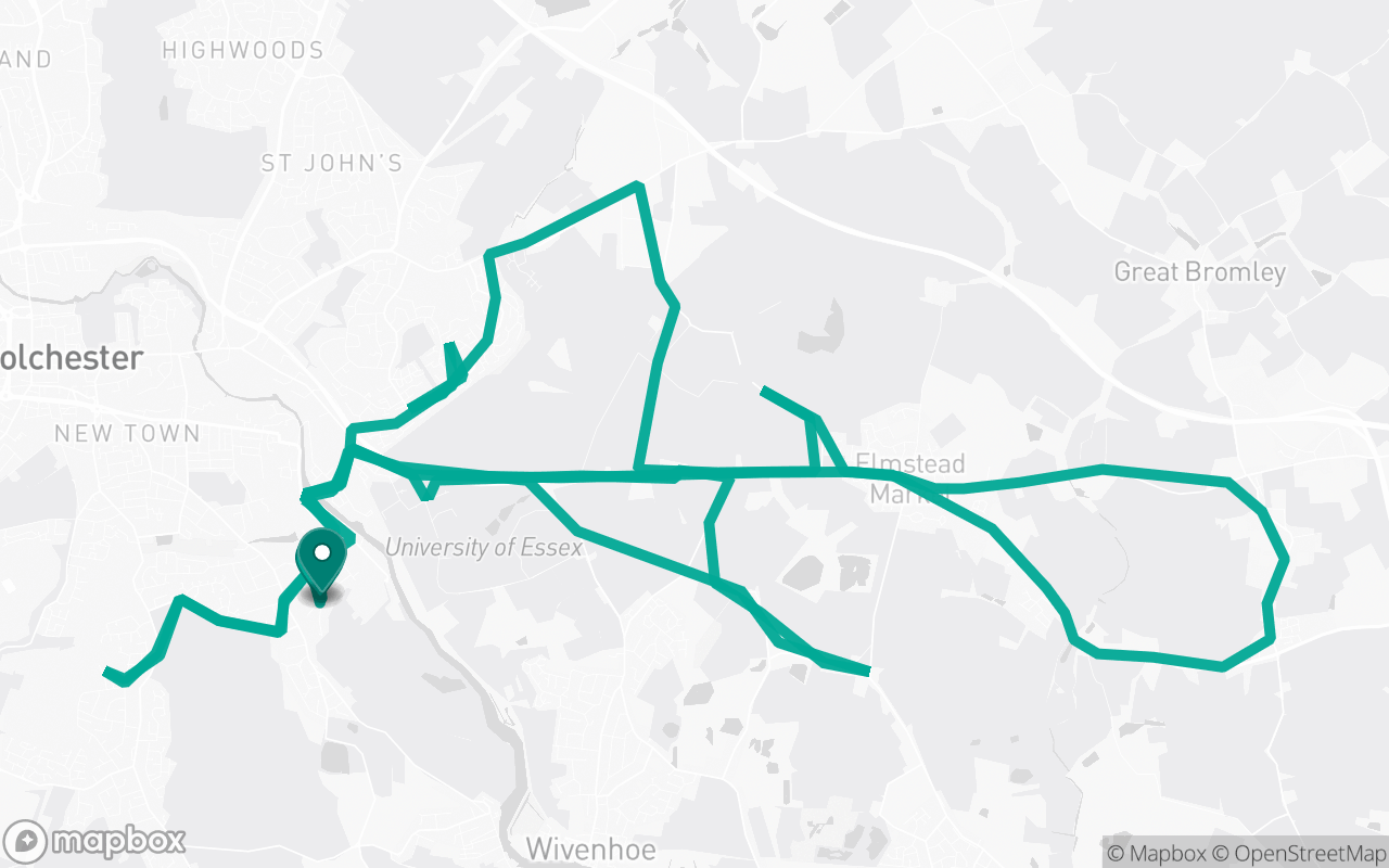 Map of the Colchester · Route 14 practice route near Colchester test centre, drawn on real streets
