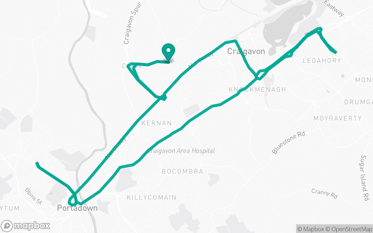 Map of the Craigavon · School-zone practice loop practice route near Craigavon test centre, drawn on real streets