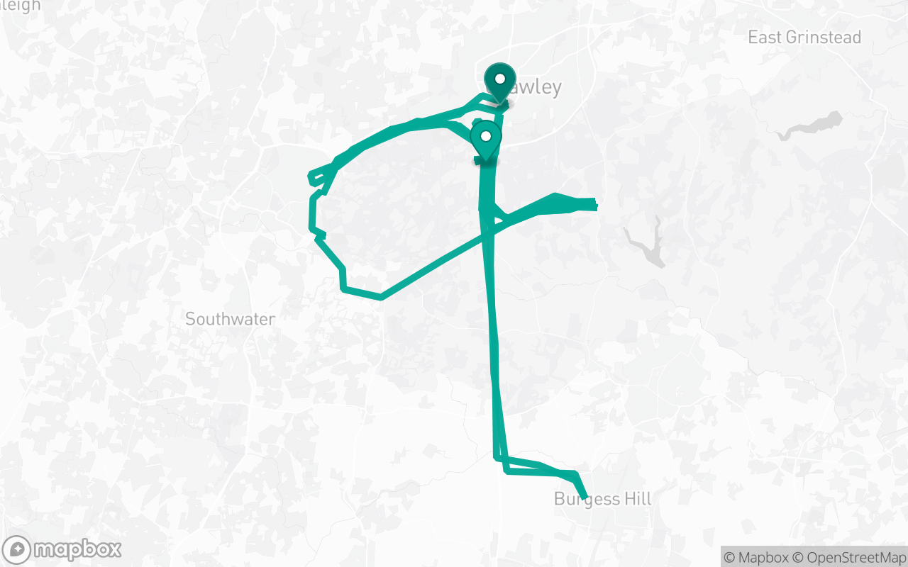 Map of the Crawley · Route 18 practice route near Crawley test centre, drawn on real streets
