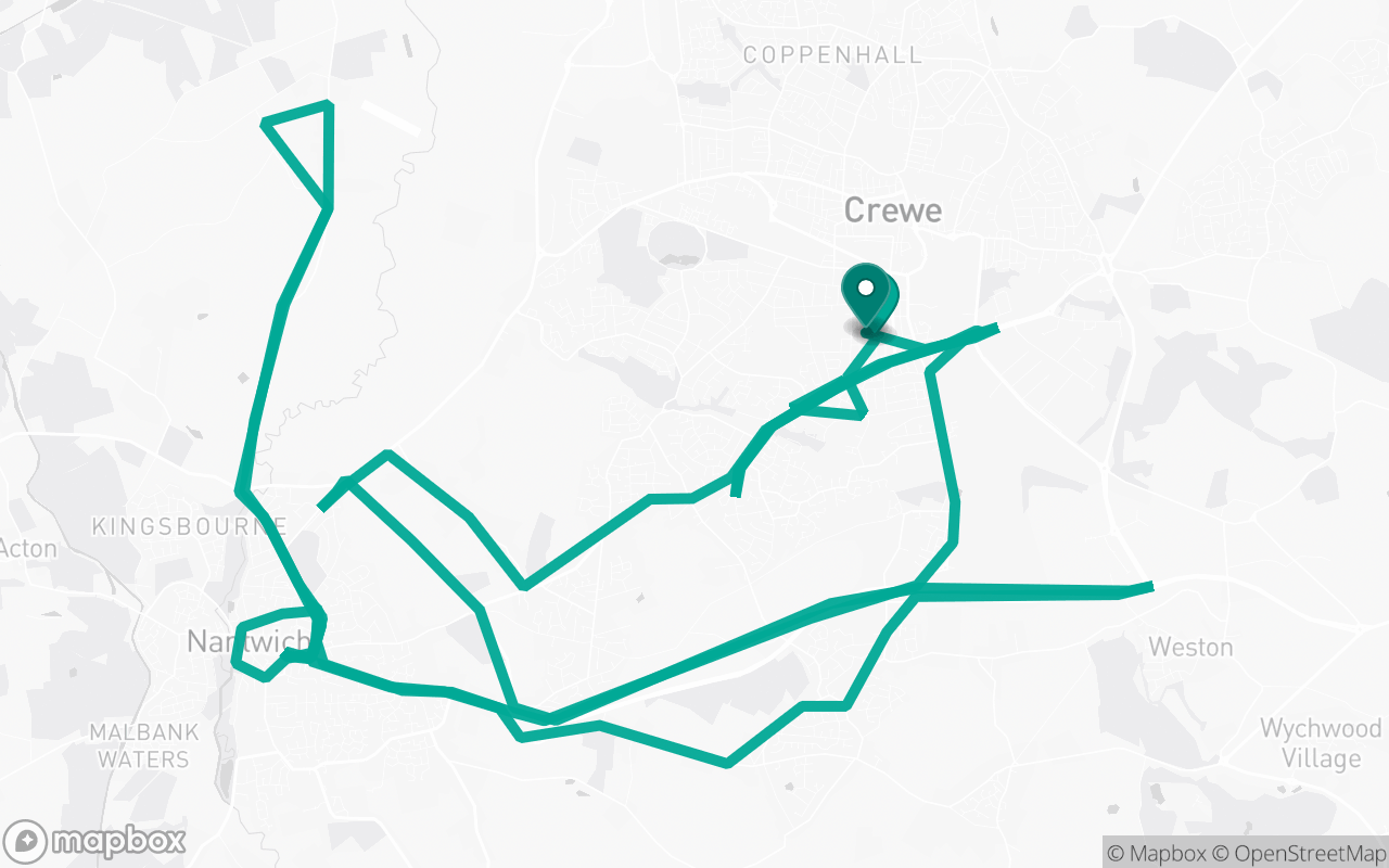 Map of the Crewe · Route 10 practice route near Crewe test centre, drawn on real streets