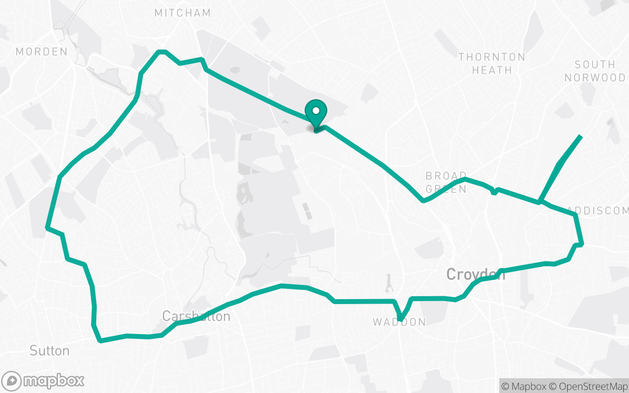 Map of the Croydon · Roundabout practice loop practice route near Croydon test centre, drawn on real streets