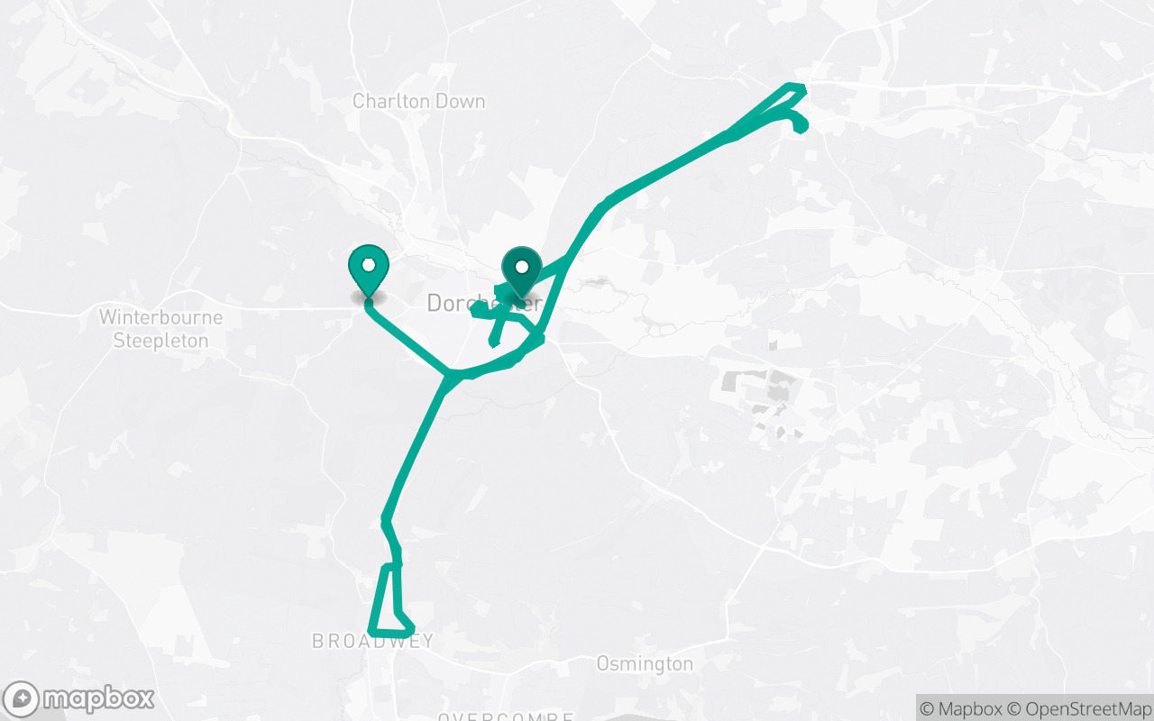 Map of the Dorchester · Route 6 practice route near Dorchester test centre, drawn on real streets