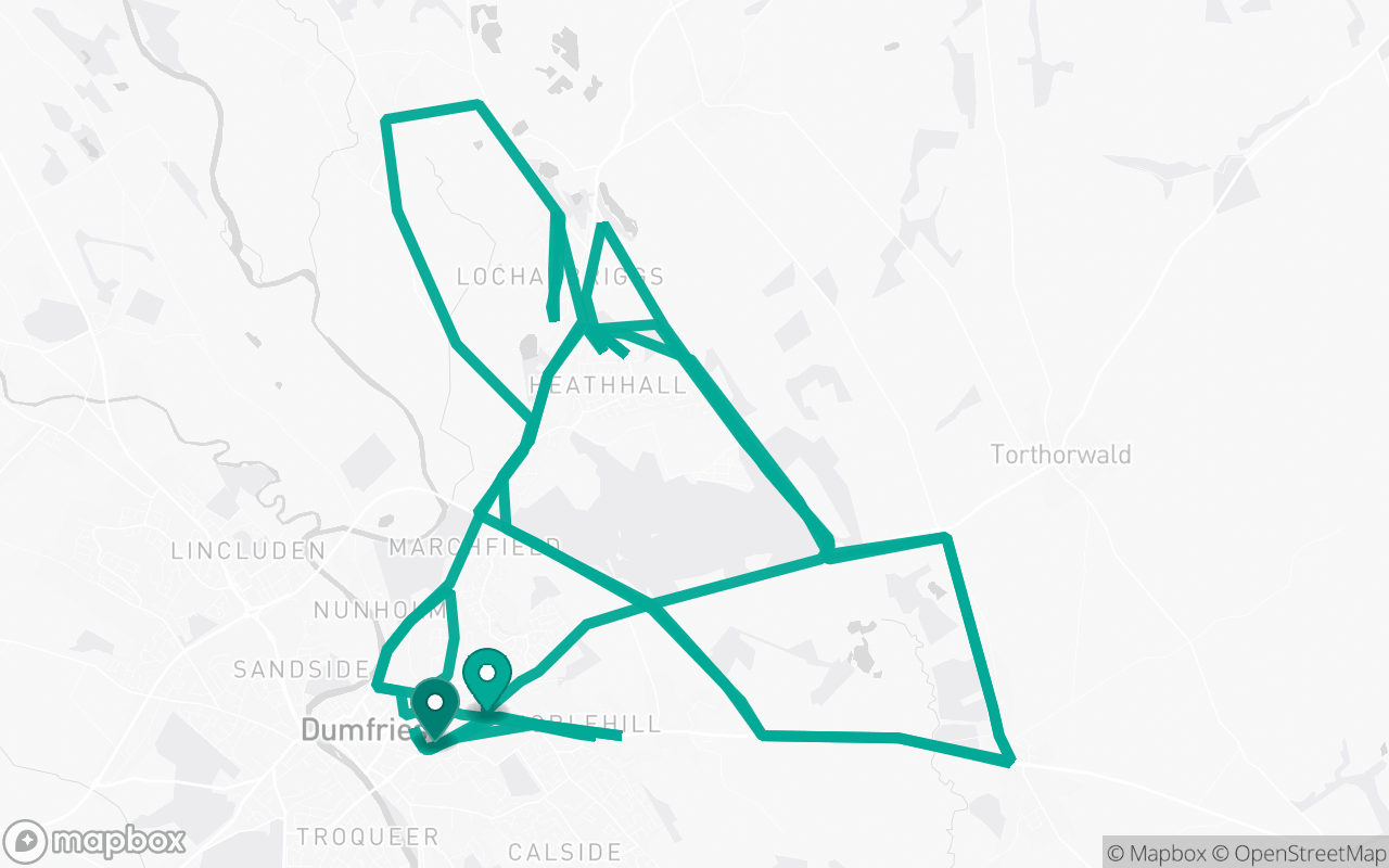 Map of the Dumfries · Route 2 practice route near Dumfries test centre, drawn on real streets