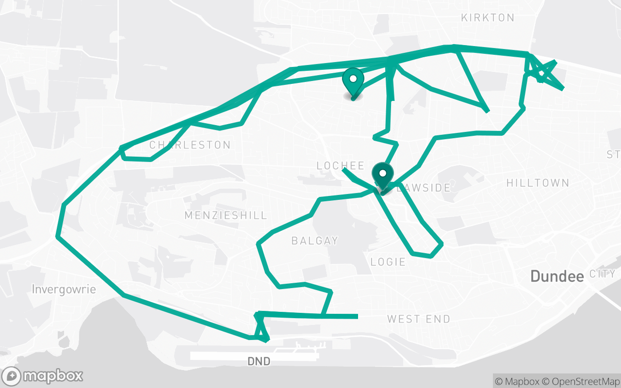 Map of the Dundee · Route 3 practice route near Dundee test centre, drawn on real streets