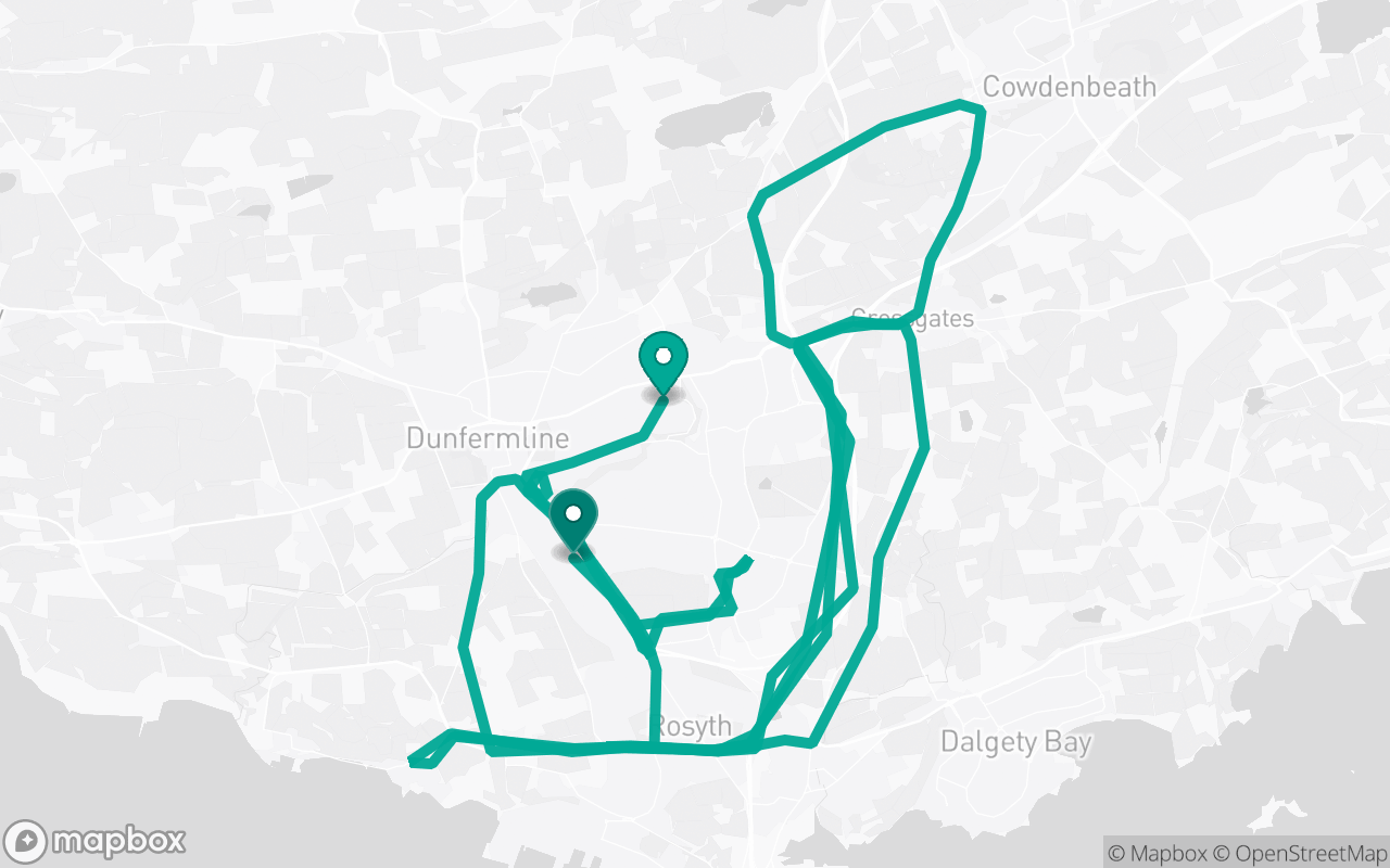 Map of the Dunfermline · Route 4 practice route near Dunfermline test centre, drawn on real streets