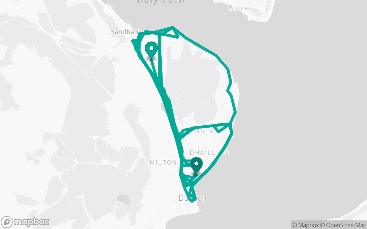 Map of the Dunoon · Route 7 practice route near Dunoon test centre, drawn on real streets