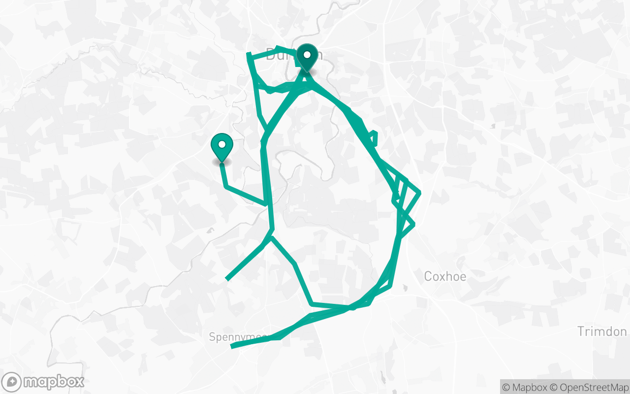 Map of the Durham (Meadowfield) · Route 3 practice route near Durham (Meadowfield) test centre, drawn on real streets