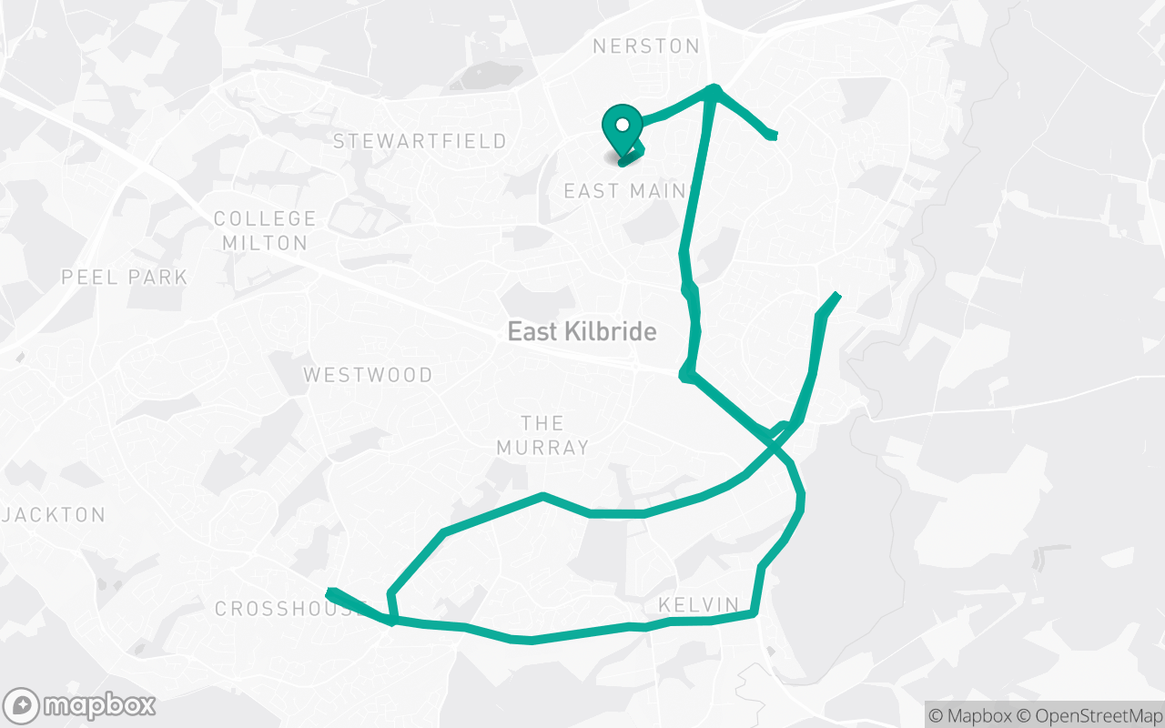 Map of the East Kilbride · Residential + A-road practice loop practice route near East Kilbride test centre, drawn on real streets