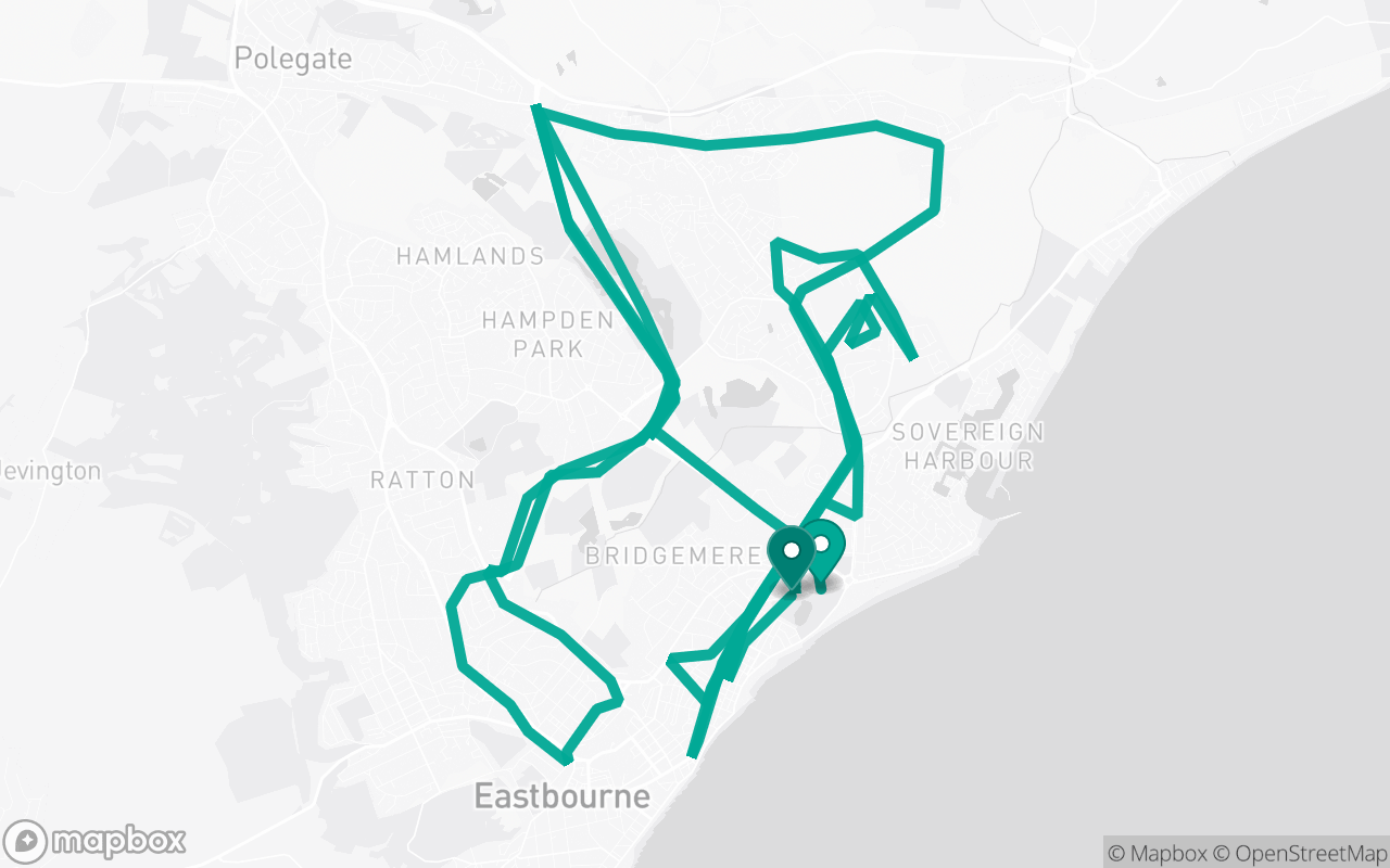 Map of the Eastbourne · Route 5 practice route near Eastbourne test centre, drawn on real streets