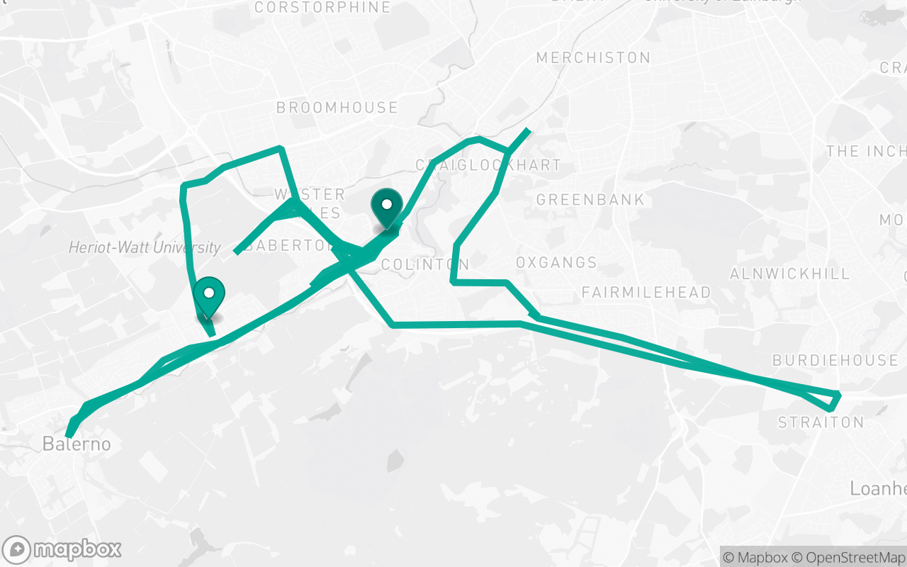 Map of the Edinburgh (Currie) · Route 1 practice route near Edinburgh (Currie) test centre, drawn on real streets