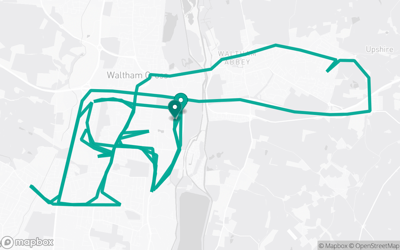 Map of the Enfield · Route 9 practice route near Enfield test centre, drawn on real streets