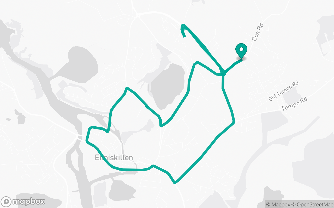 Map of the Enniskillen · Residential + A-road practice loop practice route near Enniskillen test centre, drawn on real streets