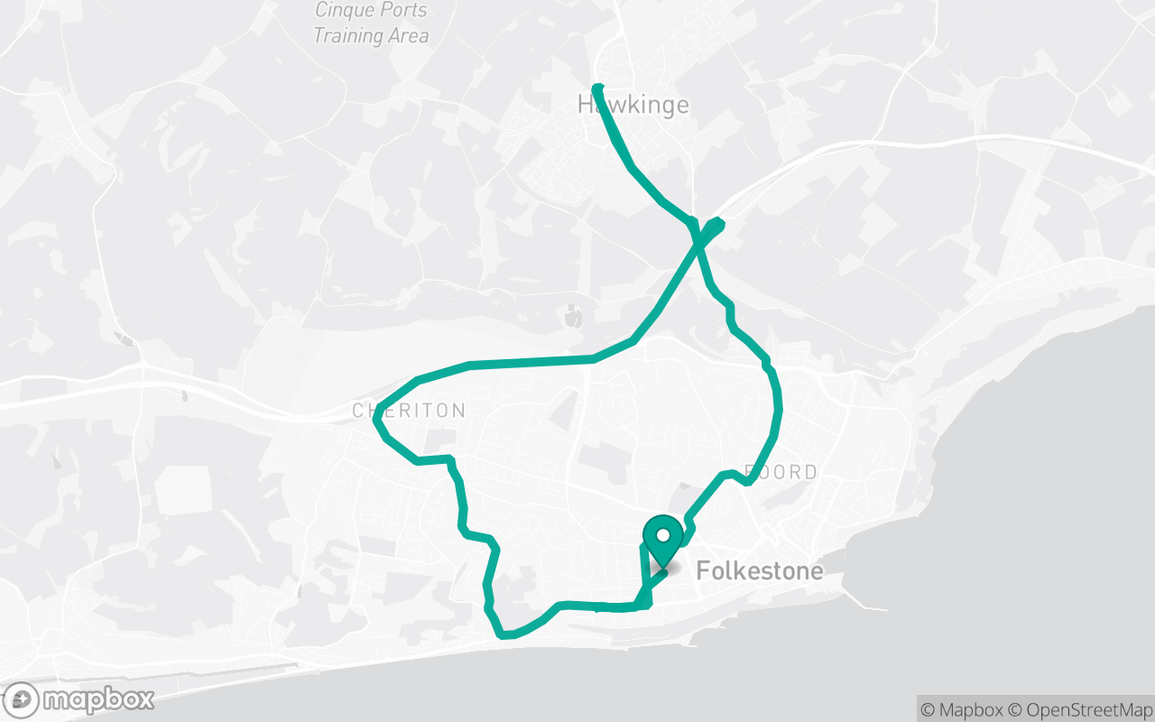 Map of the Folkestone · Residential + A-road practice loop practice route near Folkestone test centre, drawn on real streets