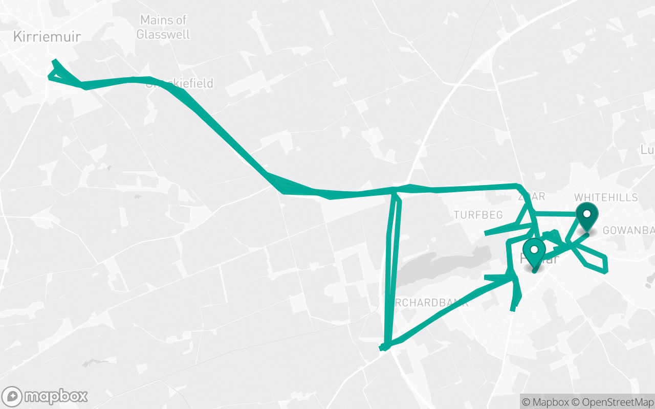 Map of the Forfar · Route 5 practice route near Forfar test centre, drawn on real streets