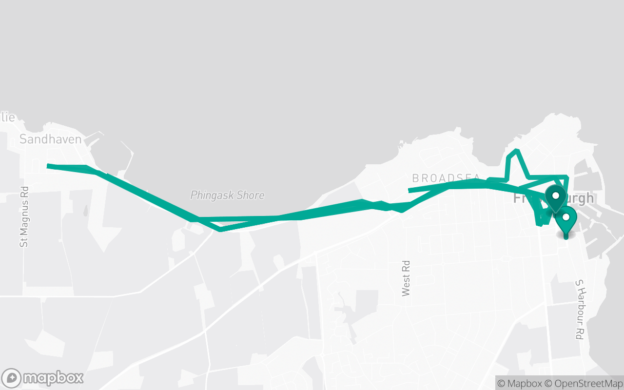 Map of the Fraserburgh · Route 2 practice route near Fraserburgh test centre, drawn on real streets