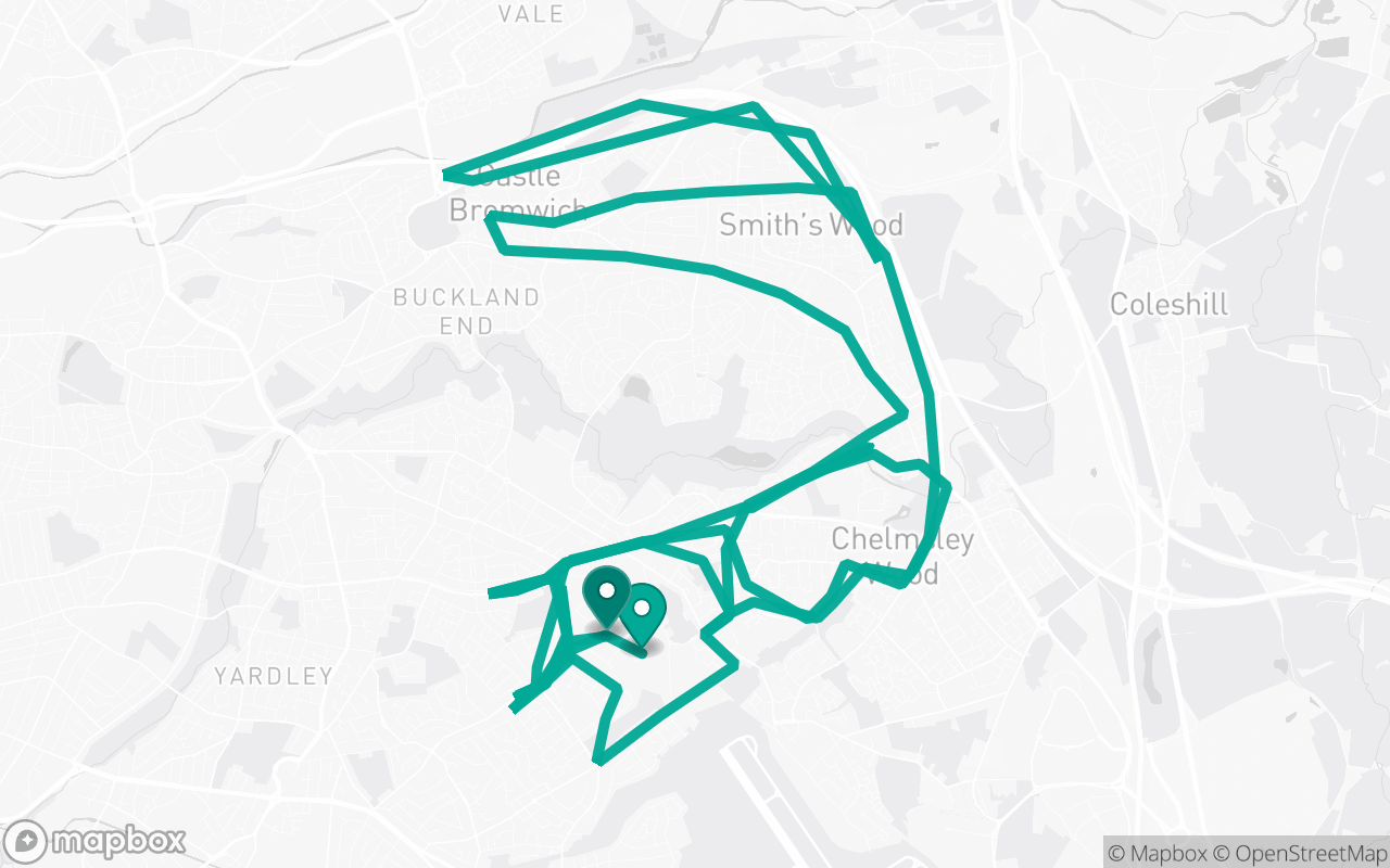 Map of the Garretts Green · Route 12 practice route near Garretts Green test centre, drawn on real streets