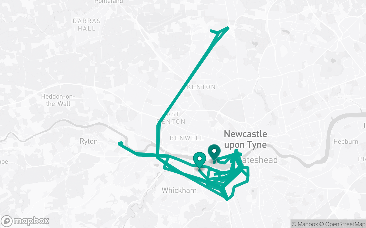 Map of the Gateshead (Elswick) · Route 8 practice route near Gateshead (Elswick) test centre, drawn on real streets