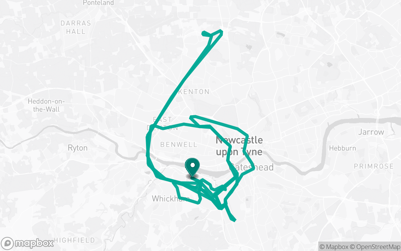 Map of the Gateshead · Route 11 practice route near Gateshead test centre, drawn on real streets
