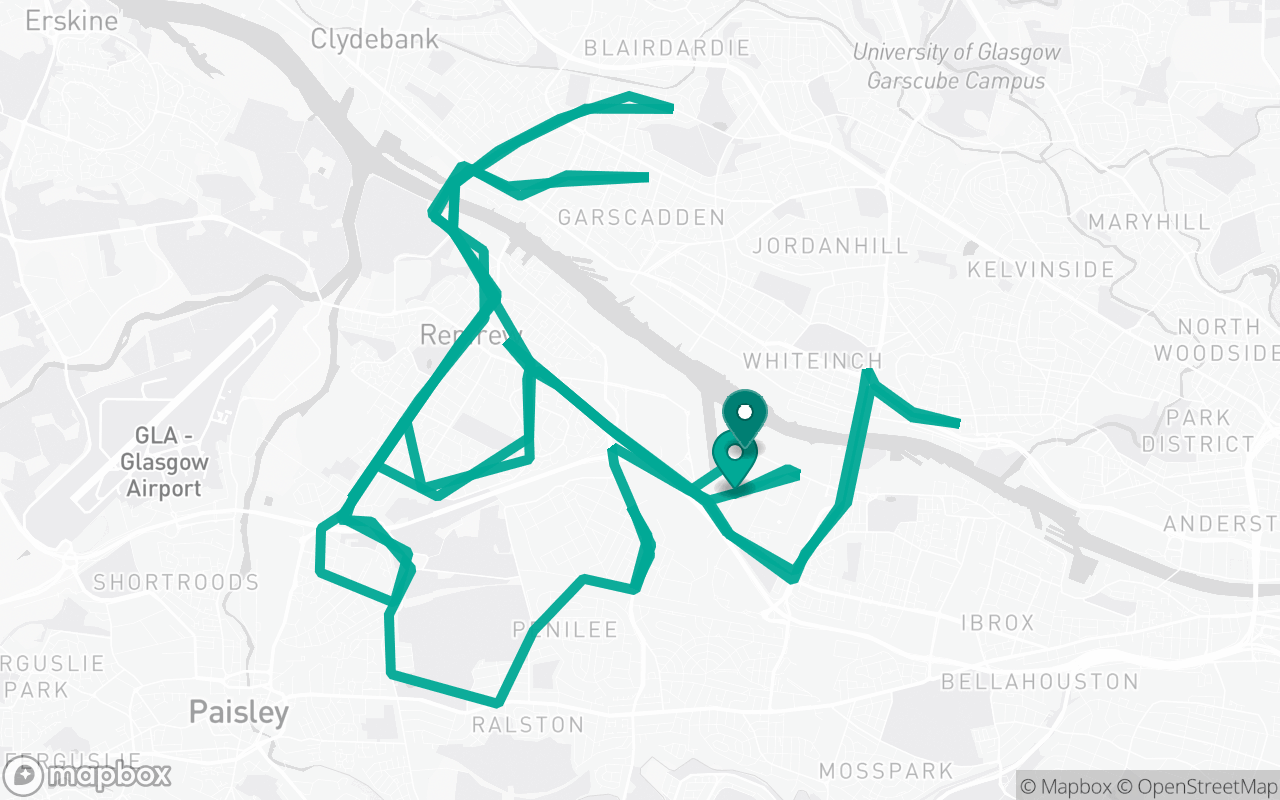 Map of the Glasgow (Shieldhall) · Route 5 practice route near Glasgow (Shieldhall) test centre, drawn on real streets