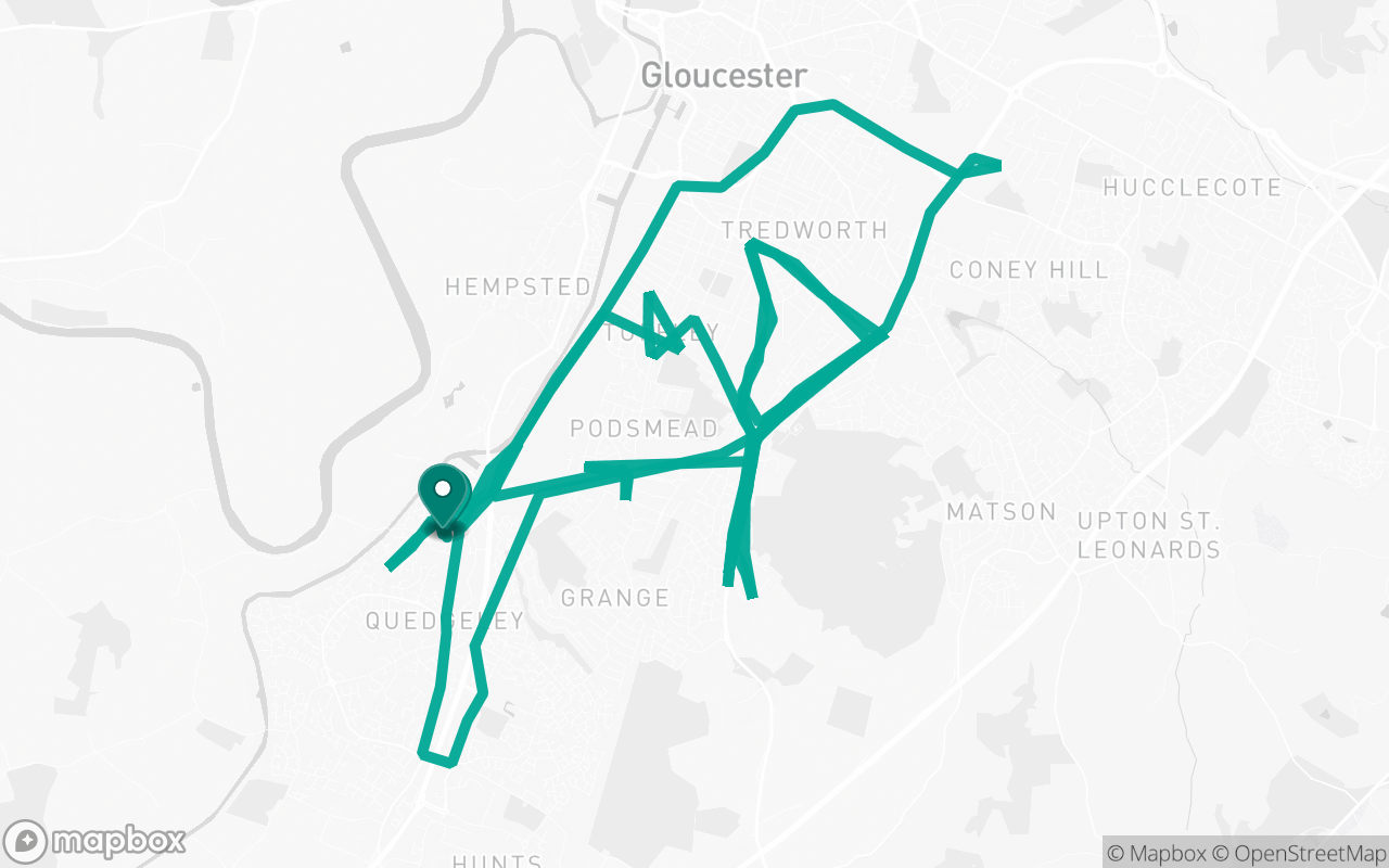Map of the Gloucester · Route 5 practice route near Gloucester test centre, drawn on real streets