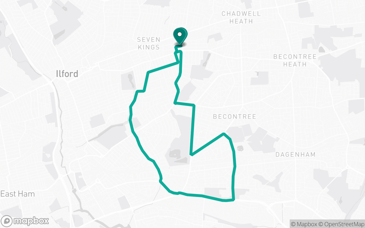 Map of the Goodmayes · Route 11 practice route near Goodmayes test centre, drawn on real streets