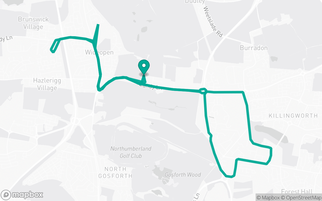 Map of the Gosforth · Residential + A-road practice loop practice route near Gosforth test centre, drawn on real streets