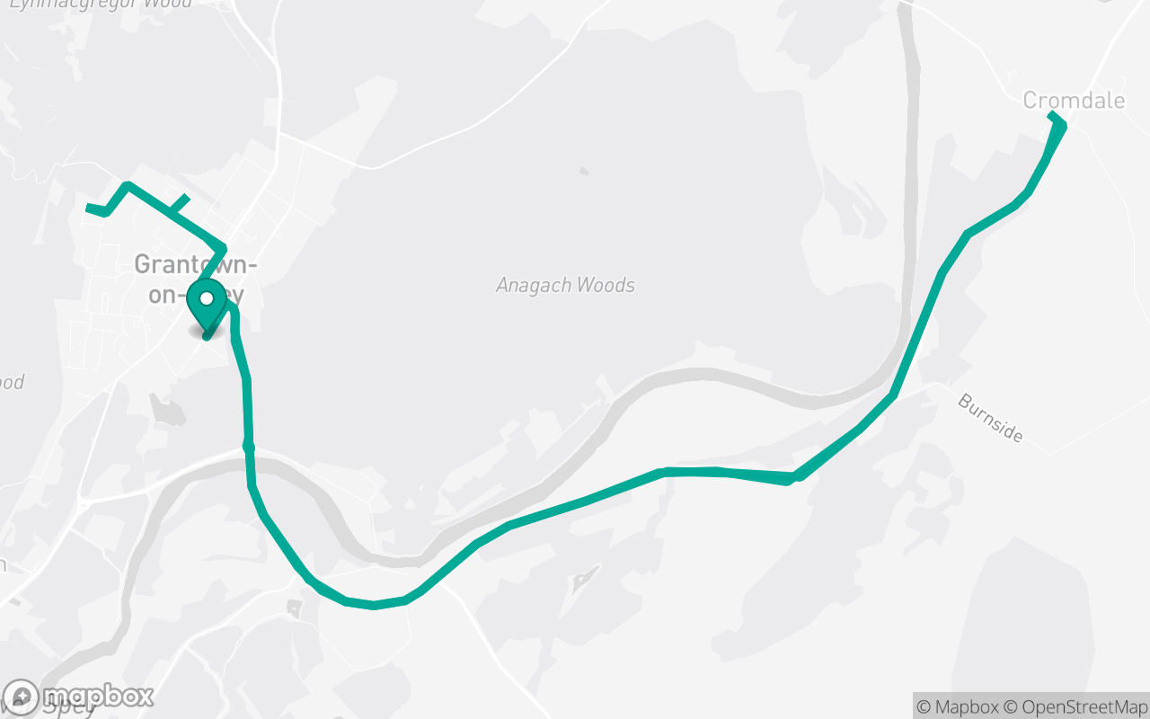 Map of the Grantown-On-Spey · Residential + A-road practice loop practice route near Grantown-On-Spey test centre, drawn on real streets