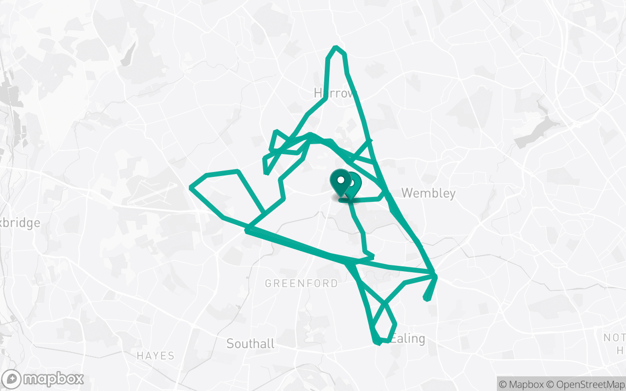Map of the Greenford · Route 12 practice route near Greenford test centre, drawn on real streets