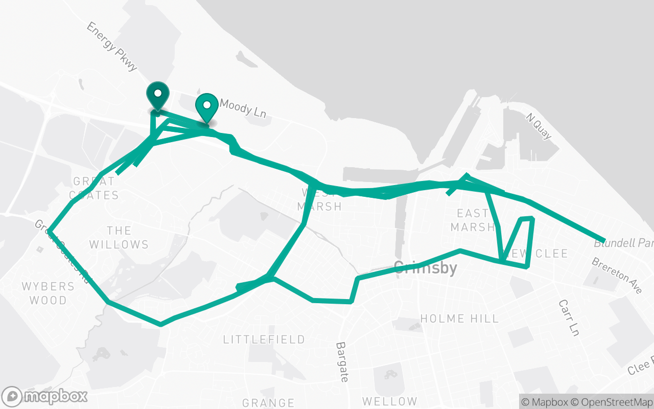 Map of the Grimsby Coldwater · Route 14 practice route near Grimsby Coldwater test centre, drawn on real streets
