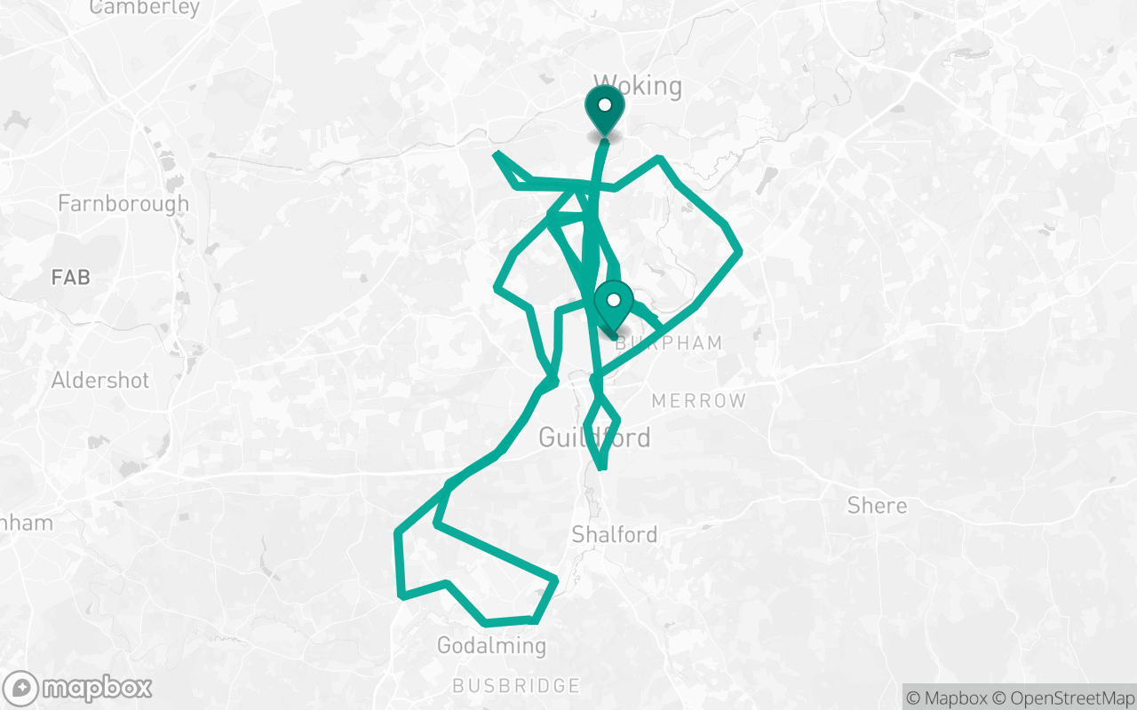 Map of the Guildford · Route 2 practice route near Guildford test centre, drawn on real streets