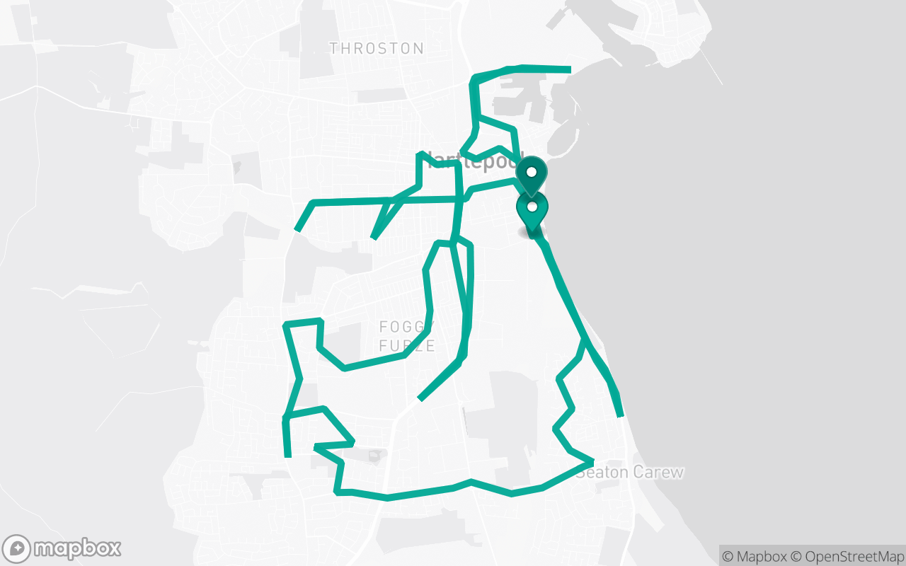 Map of the Hartlepool · Route 10 practice route near Hartlepool test centre, drawn on real streets