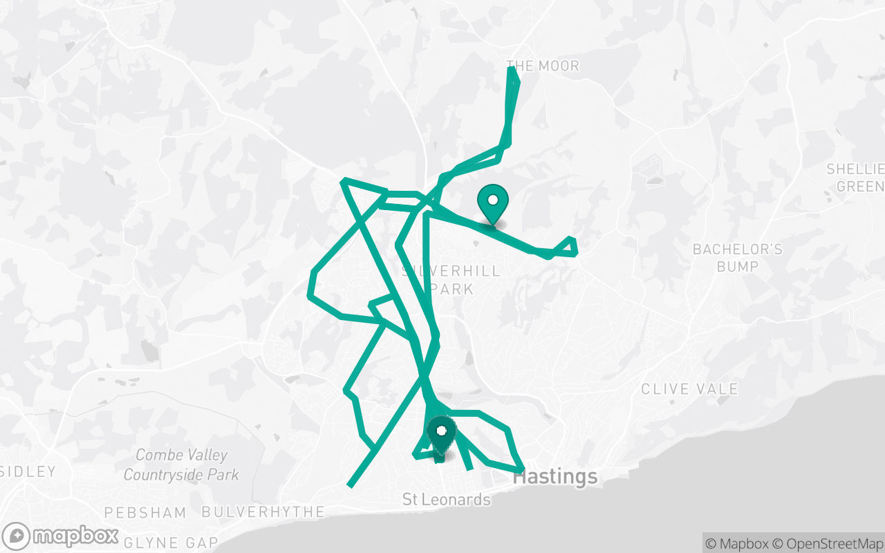 Map of the Hastings · Route 14 practice route near Hastings test centre, drawn on real streets