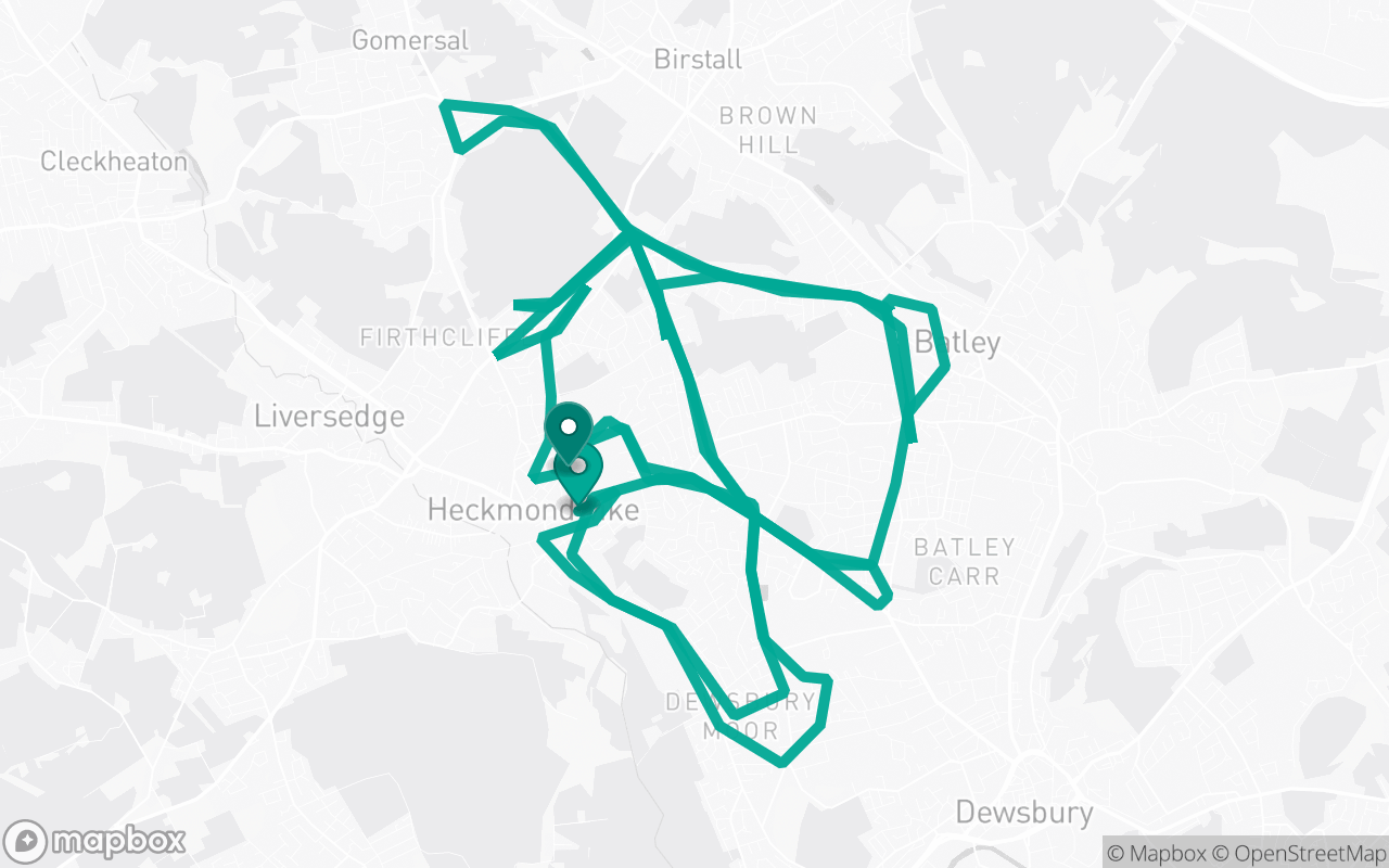 Map of the Heckmondwike · Route 18 practice route near Heckmondwike test centre, drawn on real streets