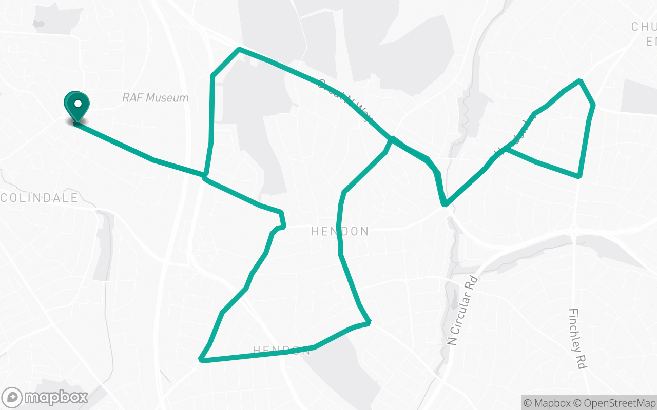 Map of the Hendon · Route 43 practice route near Hendon test centre, drawn on real streets