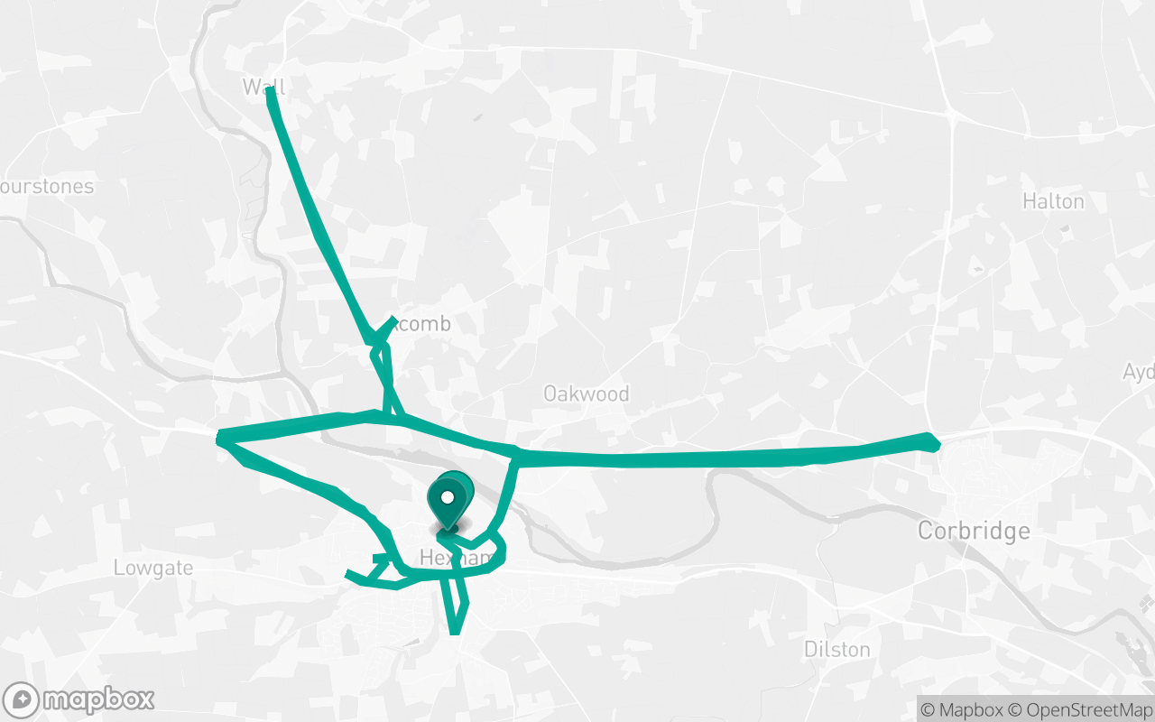 Map of the Hexham · Route 1 practice route near Hexham test centre, drawn on real streets