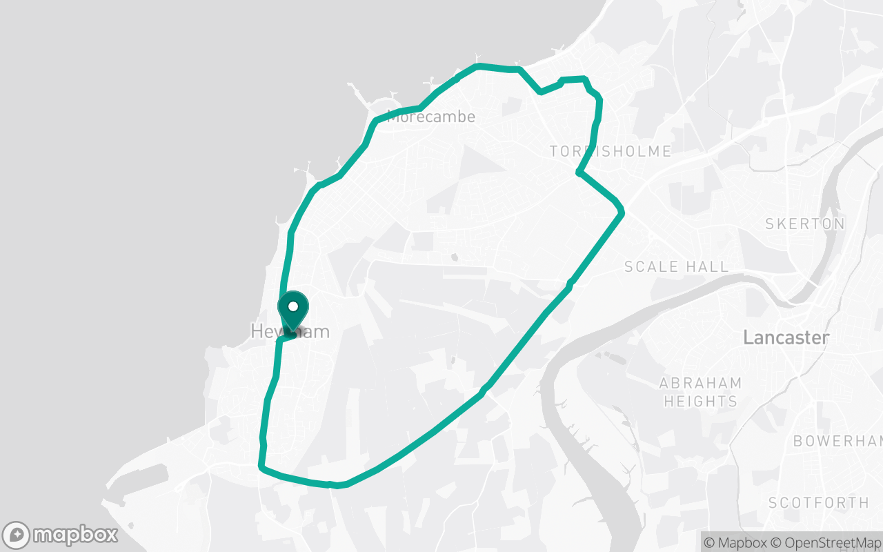 Map of the Heysham · Route 2 practice route near Heysham test centre, drawn on real streets