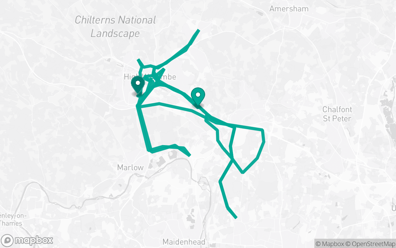Map of the High Wycombe · Route 5 practice route near High Wycombe test centre, drawn on real streets
