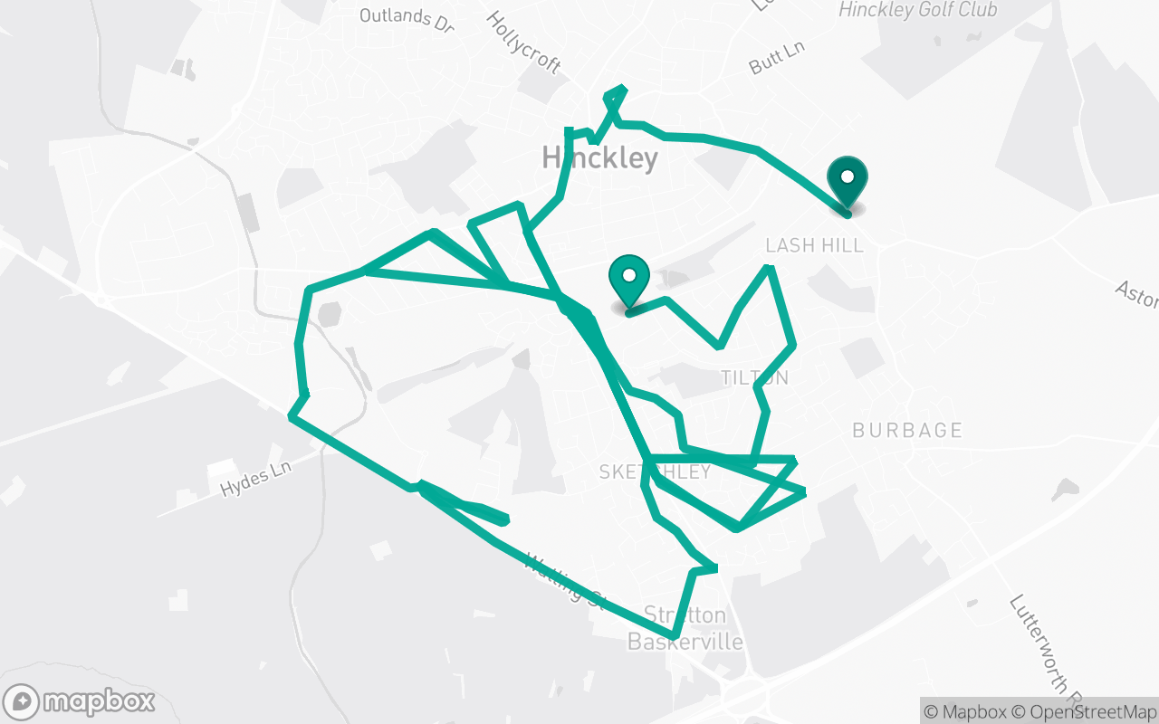 Map of the Hinckley · Route 1 practice route near Hinckley test centre, drawn on real streets