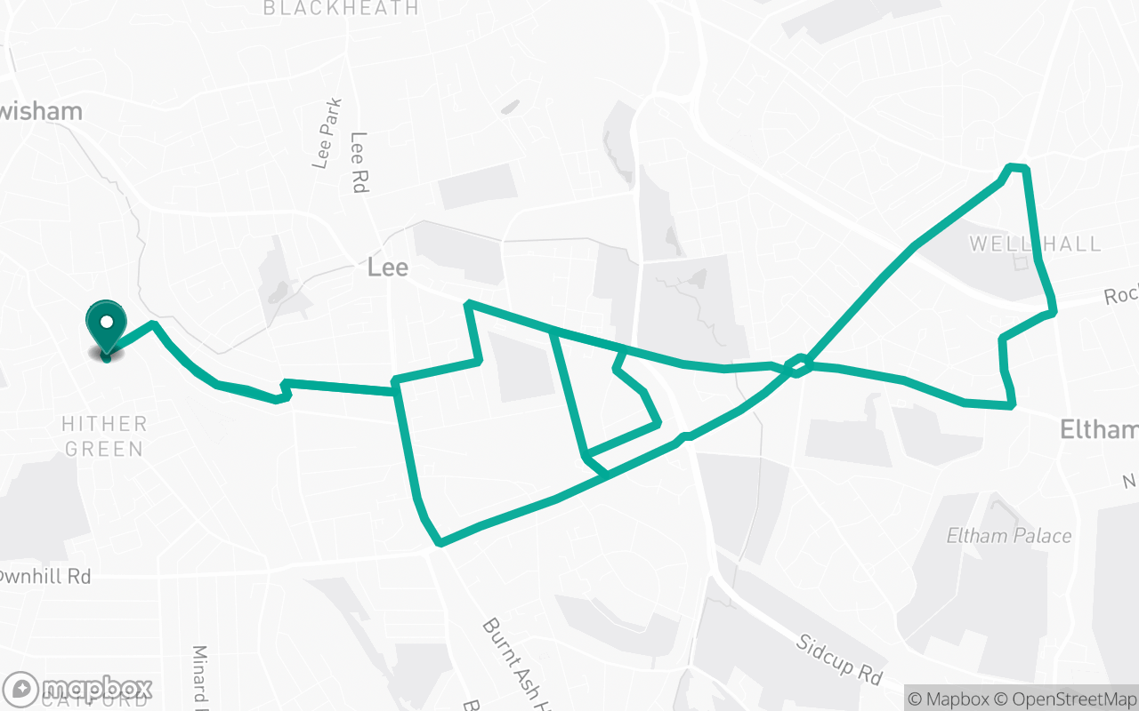 Map of the Hither Green · Route 0 practice route near Hither Green test centre, drawn on real streets